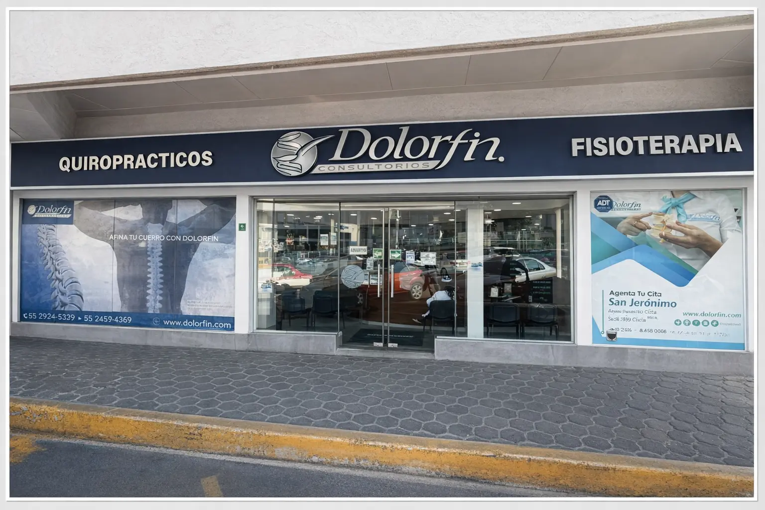 Fachada exterior de la clínica Dolorfin San Jerónimo en Jardines del Pedregal, Álvaro Obregón, CDMX Sur – Quiropráctica y Fisioterapia profesional